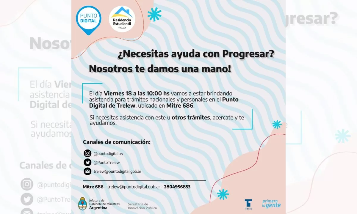 El Punto Digital Trelew brindará una charla y asistencia en Progresar y otros trámites nacionales