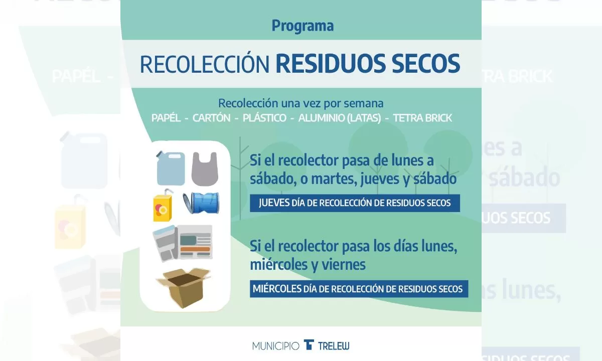 El Municipio de Trelew recuerda que los miércoles y/o jueves se realiza recolección de residuos secos