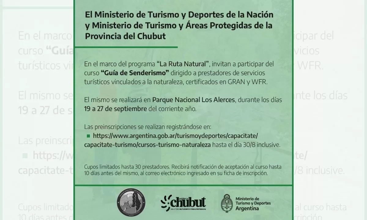 Provincia convoca a prestadores turísticos a participar de capacitación a desarrollarse en el Parque Nacional «Los Alerces»