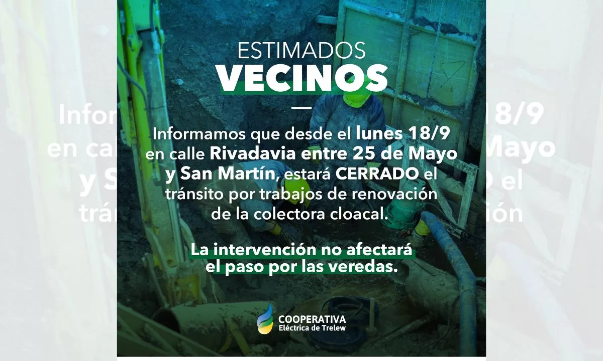 Por reparación de colectora cloacal, el lunes se interrumpirá el tránsito sobre Rivadavia entre San Martín y 25 de Mayo