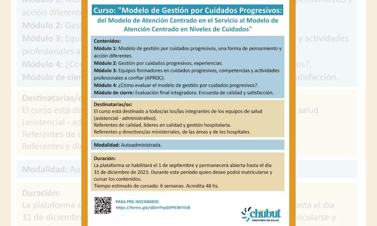 Salud: Continúa abierta la convocatoria a Curso sobre “Modelo de Gestión por Cuidados Progresivos”