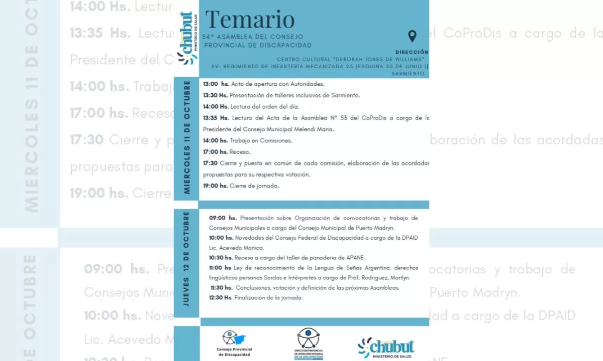El Gobierno del Chubut realizará en Sarmiento la “54° Asamblea del Consejo Provincial de Discapacidad”
