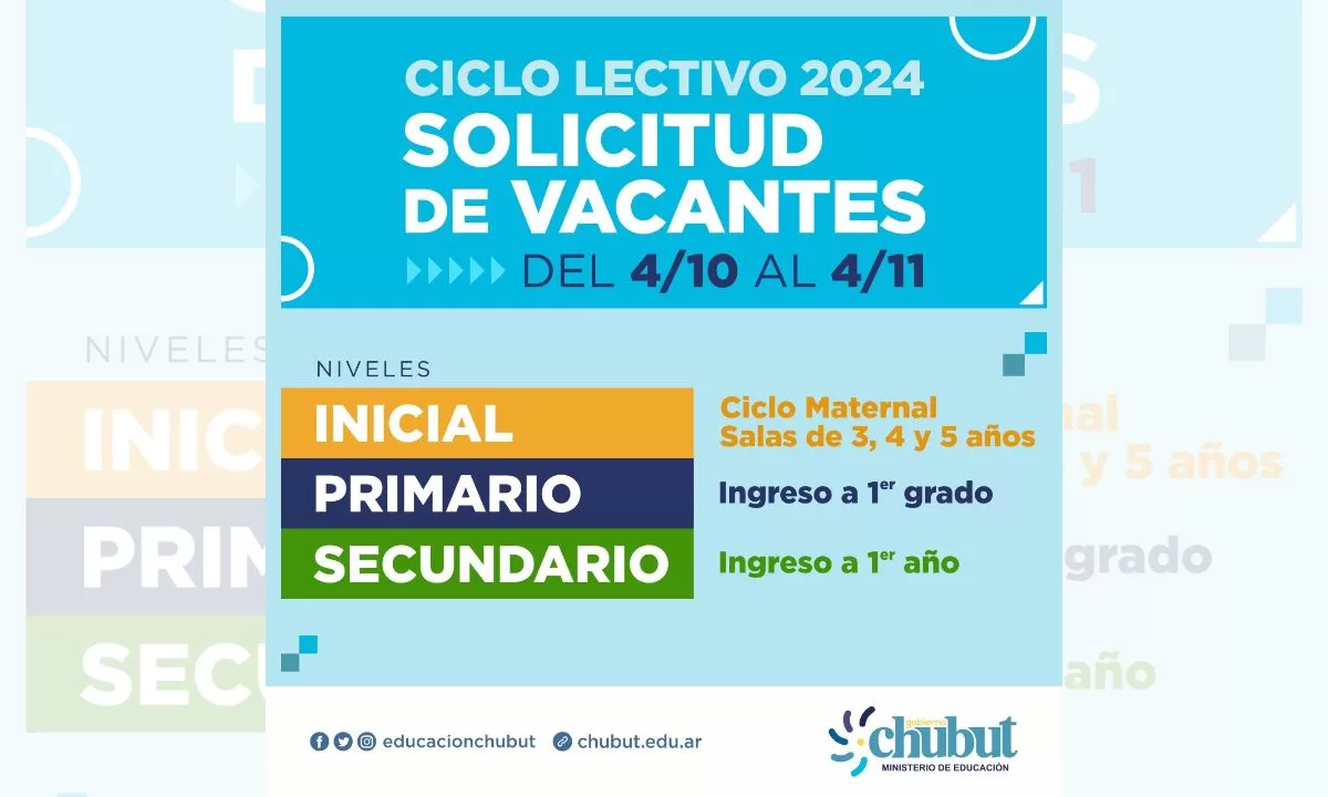 Educación: El Gobierno del Chubut comenzó la inscripción de vacantes para el Ciclo lectivo 2024