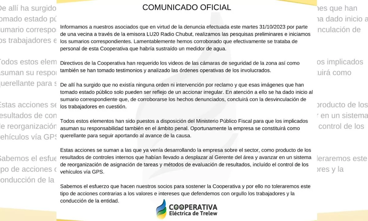 Eran empleados de la cooperativa los que robaban medidores en Trelew