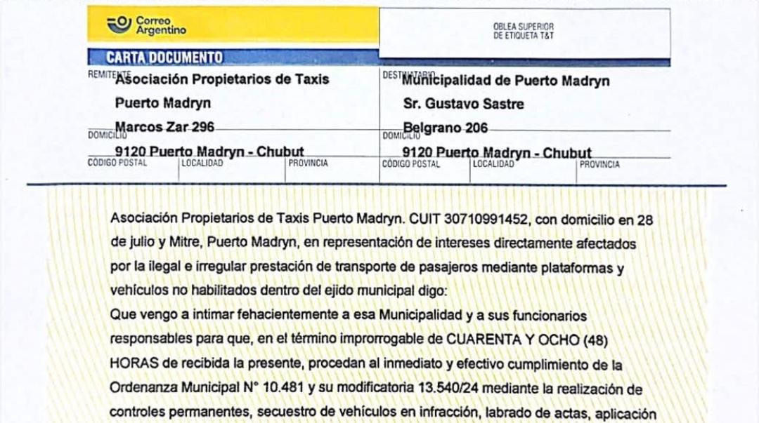 Propietarios de taxis de Puerto Madryn advierten que irán a la Justicia si avanza la habilitación de Uber